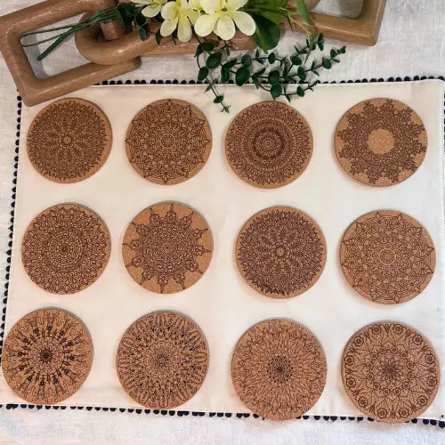 Fearless Mandala Coaster Set of 12 with Holder | Laser Engraved Cork Coasters - Artisan Villa Co.