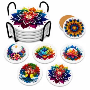 Mandala Ceramic Coasters Set of 6 with Holder