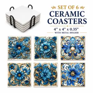 Blue Floral Ceramic Coaster Set of 6 with Holder