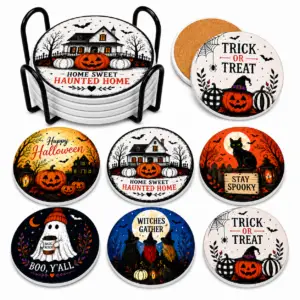 Halloween Ceramic Coaster Set of 6 with Metal Holder