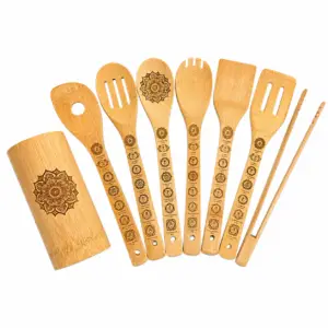 8-Piece Engraved Bamboo Kitchen Utensil Set with Holder | Mandala & 7 Chakra Design